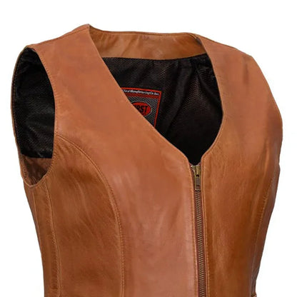 Women's Western Style Whiskey Brown Leather Motorcycle Vest- Savannah