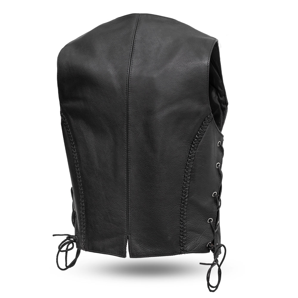Women's Black Leather Western Style Motorcycle Vest- Trinity