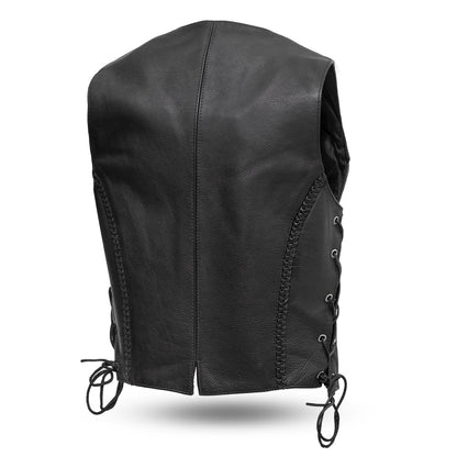 Women's Black Leather Western Style Motorcycle Vest- Trinity