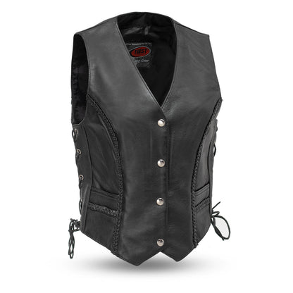 Women's Black Leather Western Style Motorcycle Vest- Trinity
