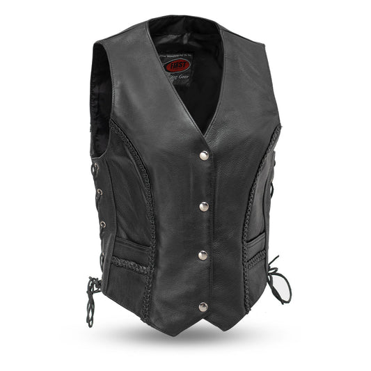 Women's Black Leather Western Style Motorcycle Vest- Trinity