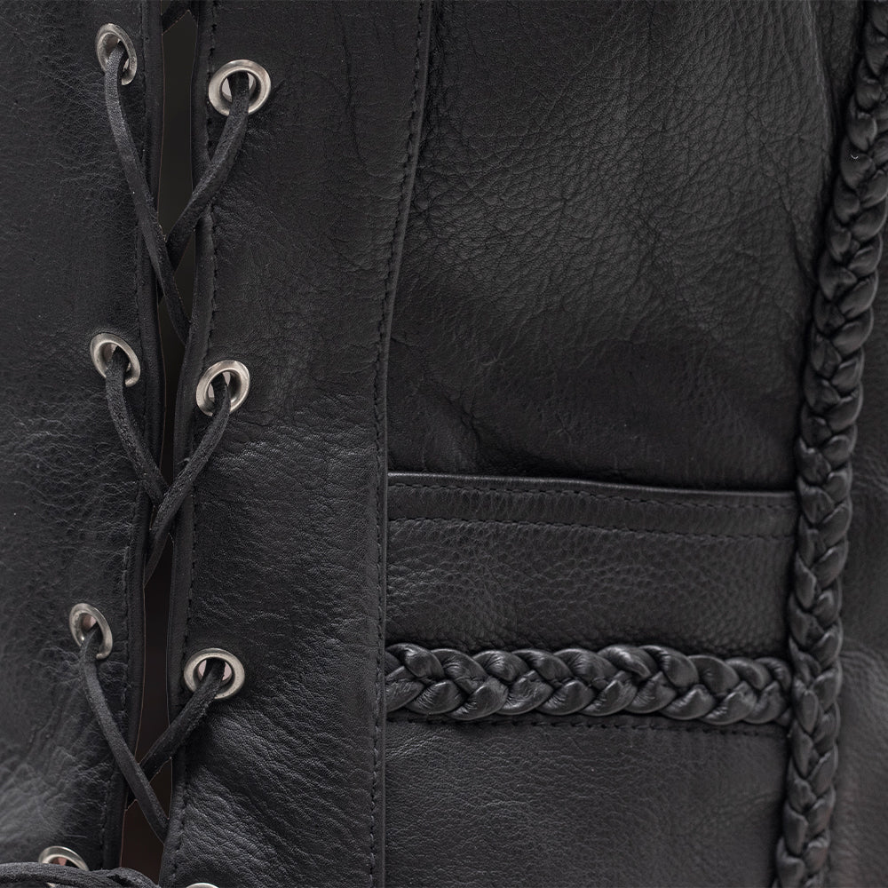 Women's Black Leather Western Style Motorcycle Vest- Trinity