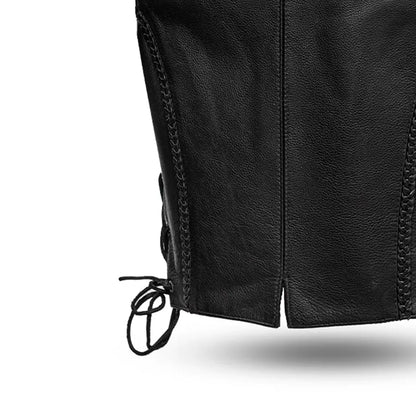 Women's Black Leather Western Style Motorcycle Vest- Trinity